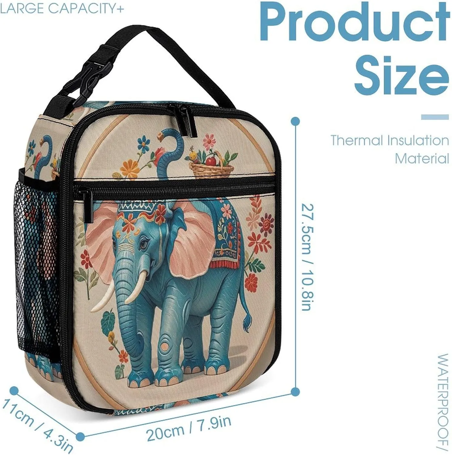 Backpack Lunch Bag Pencil Pouch Set, With Embroidered Elephant Print Lightweight & Durable 3-Piece Combo Ideal for Work, And Travel