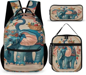 Backpack Lunch Bag Pencil Pouch Set, With Embroidered Elephant Print Lightweight & Durable 3-Piece Combo Ideal for Work, And Travel