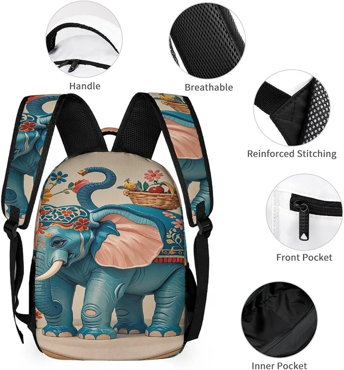 Backpack Lunch Bag Pencil Pouch Set, With Embroidered Elephant Print Lightweight & Durable 3-Piece Combo Ideal for Work, And Travel