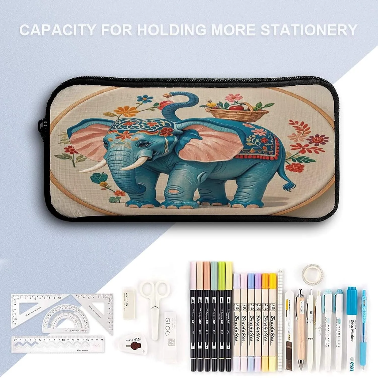 Backpack Lunch Bag Pencil Pouch Set, With Embroidered Elephant Print Lightweight & Durable 3-Piece Combo Ideal for Work, And Travel