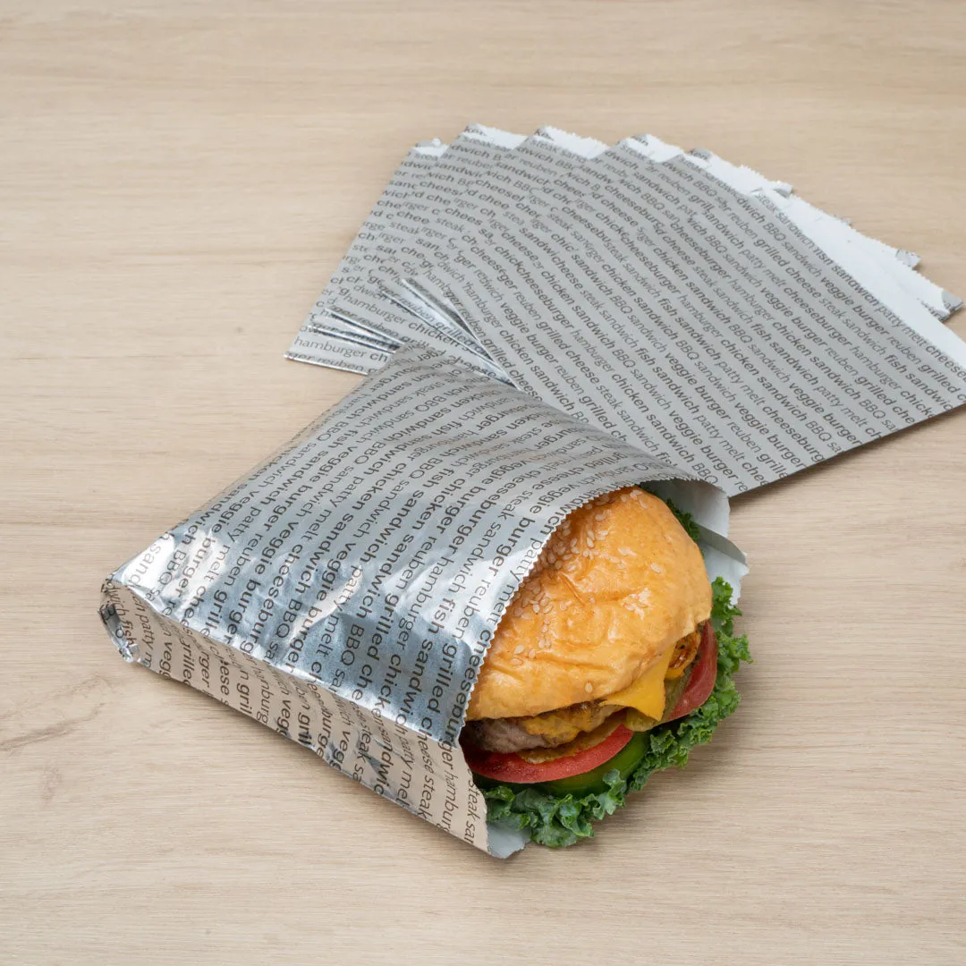 Bag Tek Paper Printed Burger Foil Bag - 6" x 1 1/4" x 6 1/2" - 100 count box