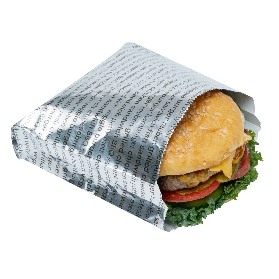 Bag Tek Paper Printed Burger Foil Bag - 6" x 1 1/4" x 6 1/2" - 100 count box