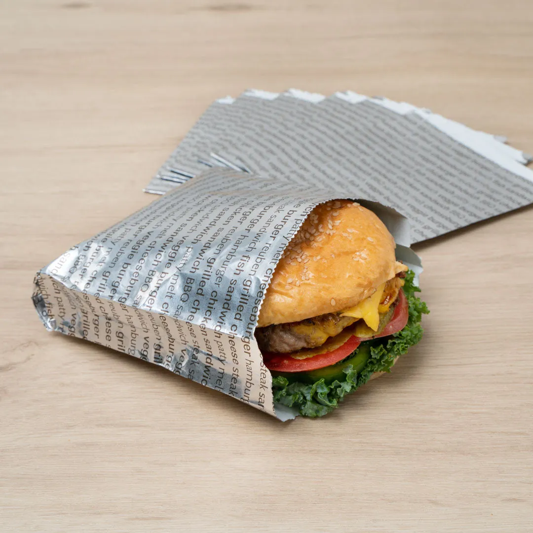 Bag Tek Paper Printed Burger Foil Bag - 6" x 1 1/4" x 6 1/2" - 100 count box