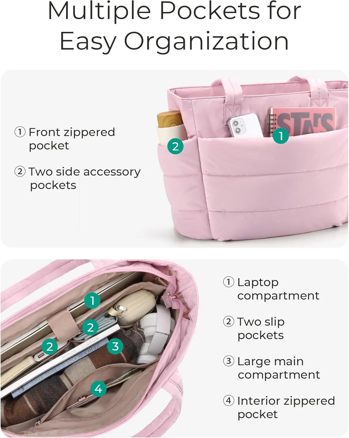 BAGSMART Tote Bag for Women, Lightweight Puffy Tote Bag with Compartments, Quilted Shoulder Bag Handbag for Travel, Work