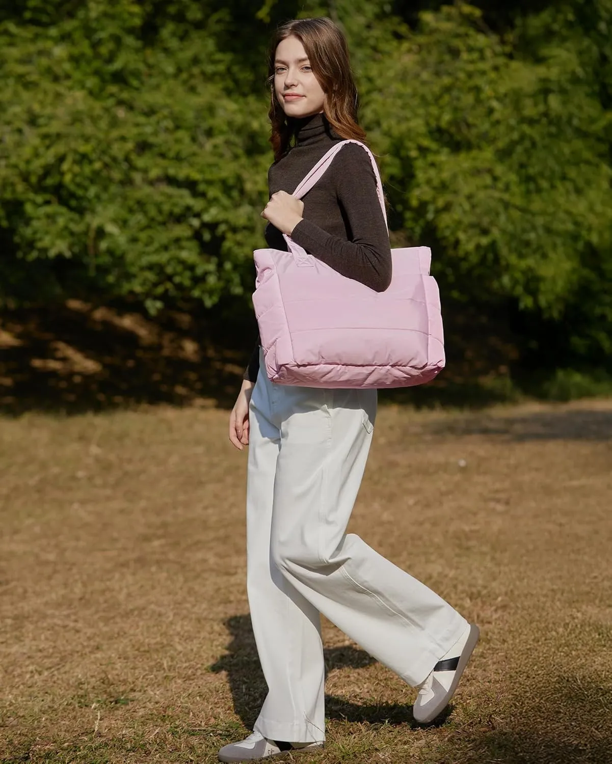 BAGSMART Tote Bag for Women, Lightweight Puffy Tote Bag with Compartments, Quilted Shoulder Bag Handbag for Travel, Work