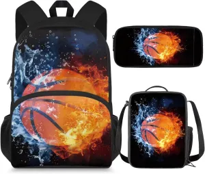 Basketball Backpack Lunchbox Set Boys 3-in-1 School Bags Set with Pencil Case Water Fire Print 10-12 Kids Large Book Bag Elementary School Daypacks Travel Backpacks