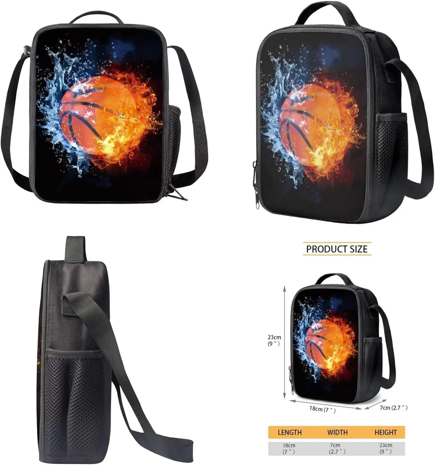 Basketball Backpack Lunchbox Set Boys 3-in-1 School Bags Set with Pencil Case Water Fire Print 10-12 Kids Large Book Bag Elementary School Daypacks Travel Backpacks