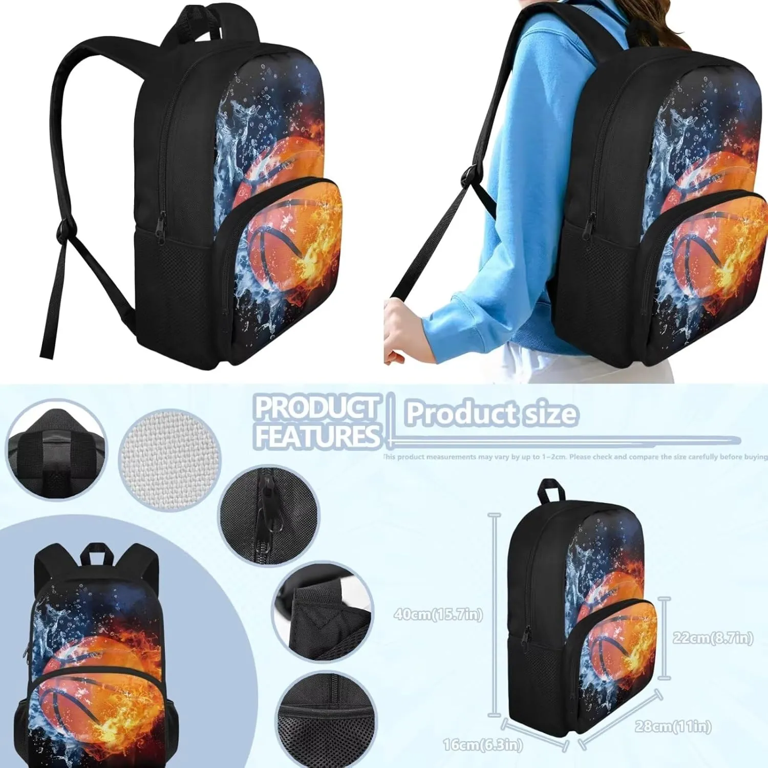 Basketball Backpack Lunchbox Set Boys 3-in-1 School Bags Set with Pencil Case Water Fire Print 10-12 Kids Large Book Bag Elementary School Daypacks Travel Backpacks