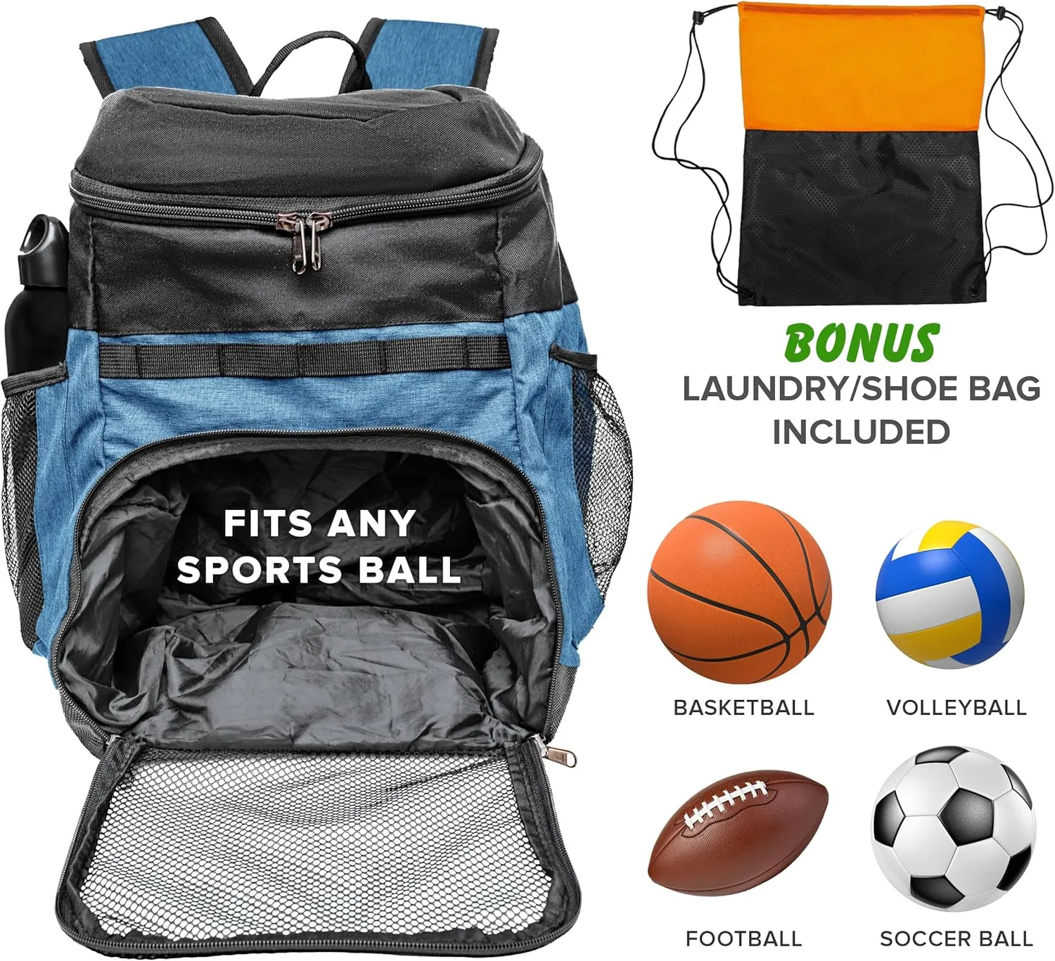 Basketball Backpack with Ball Compartment – Sports Equipment Bag for Soccer Ball, Volleyball, Gym, Outdoor, Travel, Team – 2 Bottle Pockets, Includes Laundry or Shoe Bag – 25L (Blue)