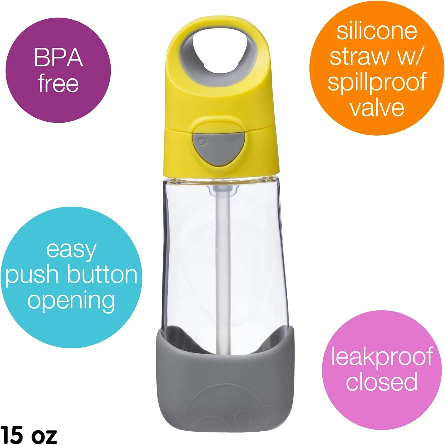 b.box 15oz Tritan Straw Bottle: Modern Water Bottle with Flip Straw for Toddlers & Kids. Spill Proof, Leak Proof, BPA Free. Great for School/Daycare or Next Step after Sippy Cups (Lemon Sherbet)
