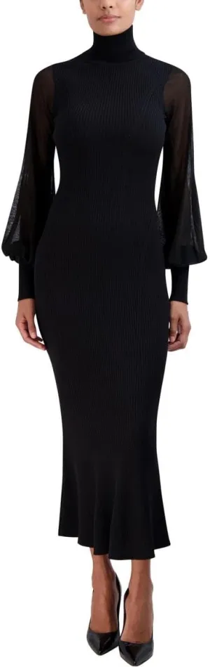 BCBGMAXAZRIA Women's Long Balloon Sleeve Turtle Neck Fluted Pullover Sweater Dress
