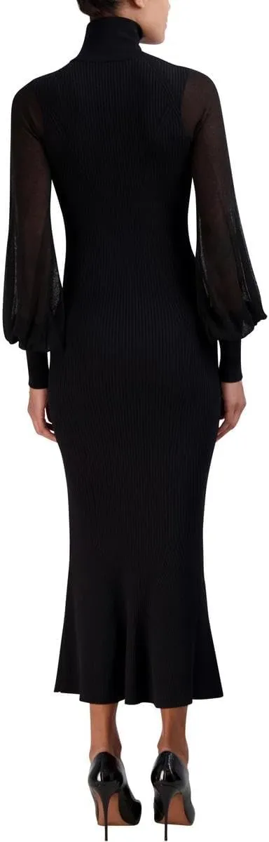 BCBGMAXAZRIA Women's Long Balloon Sleeve Turtle Neck Fluted Pullover Sweater Dress