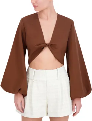 BCBGMAXAZRIA Women's V Neck Long Puff Sleeve Twist Front Top