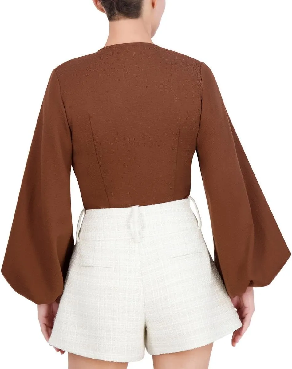 BCBGMAXAZRIA Women's V Neck Long Puff Sleeve Twist Front Top