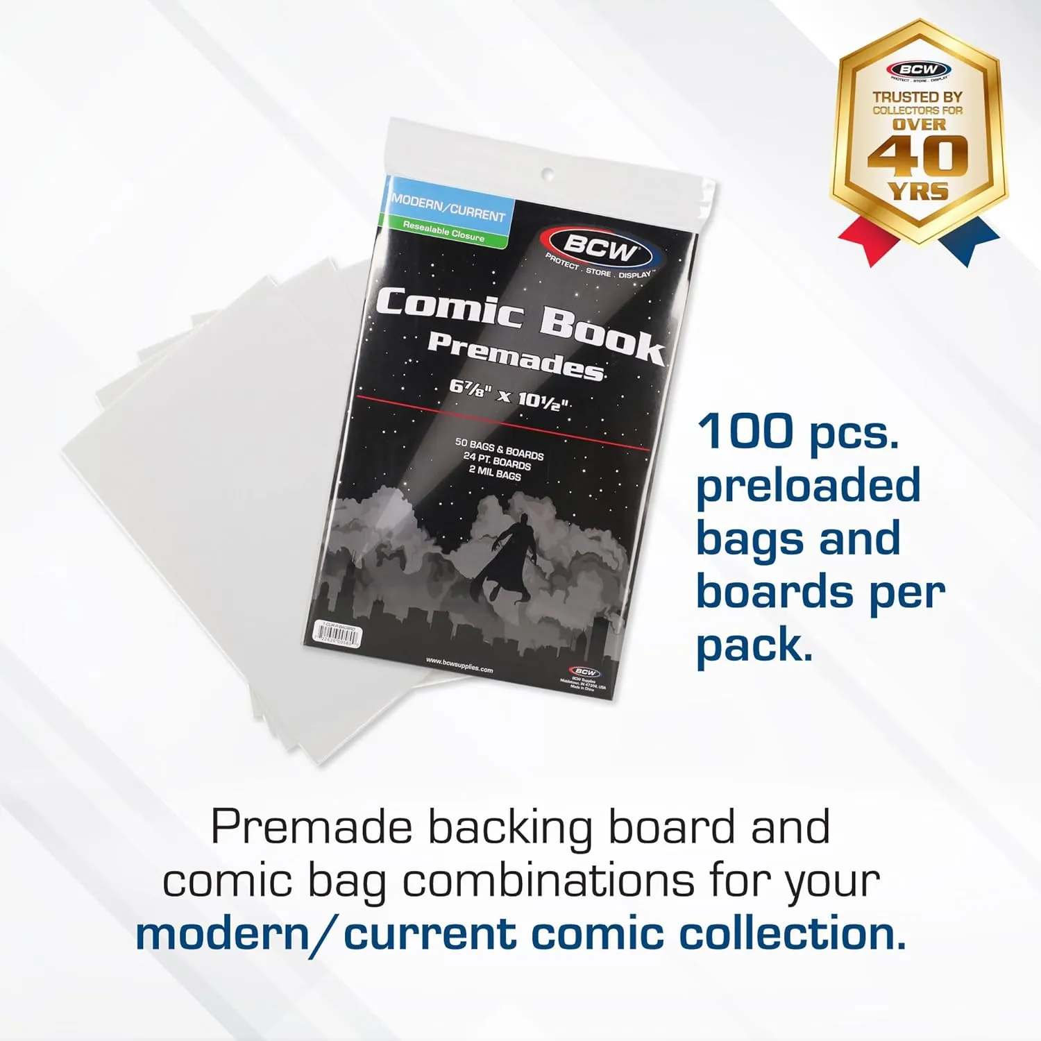 BCW Current Resealable Comic Bags & Boards | Preloaded Sleeves & Backer Boards for Modern Comics (100 Pack)