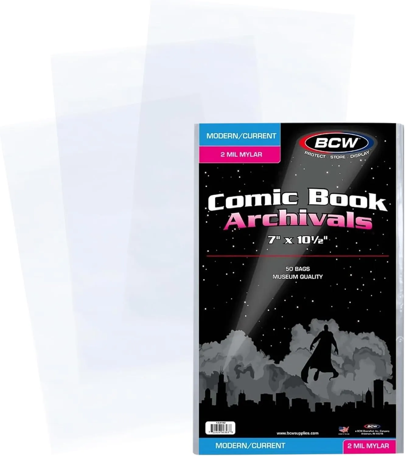 BCW Current/Modern Comic Mylar Archivals - 2 MIL - 50 Count Pack | Archival Comic Book Bags | Standard Size 7 x 10.5 Inches, Secure 1.5 Inch Flap | Protective Covers for Comic Book Collectors