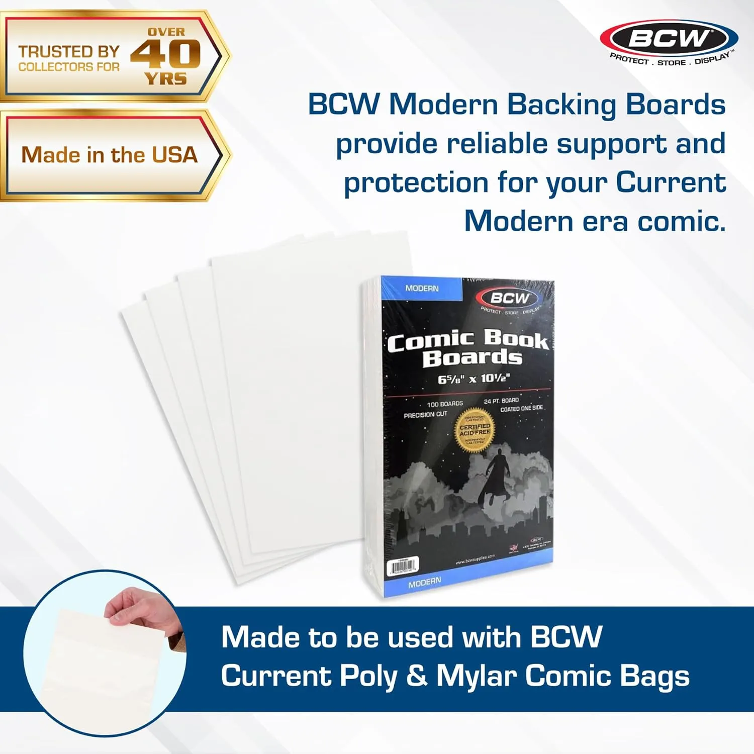 BCW Modern Comic Backing Boards - Pack of 100 | Certified Acid-Free, Lab Tested for Archival Quality and Protection Comic Book Boards | Ideal for Comic Book Storage and Preservation