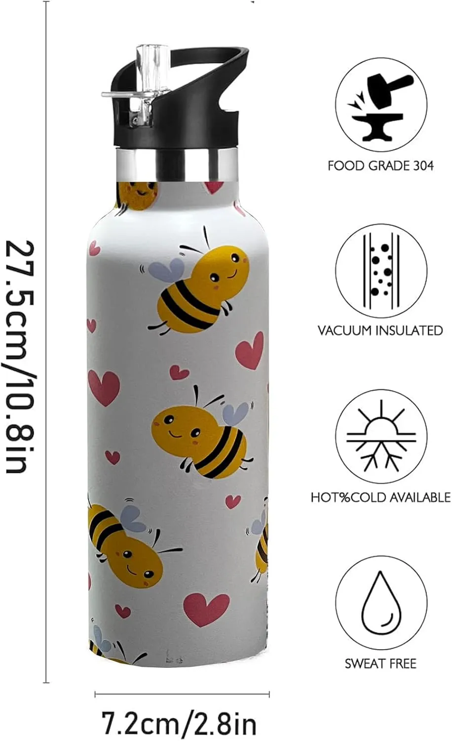 Bee Water Bottle Adult Kids With Straw Lid Insulated Stainless Steel Travel Mugs for Sport Gym Outdoor 20oz