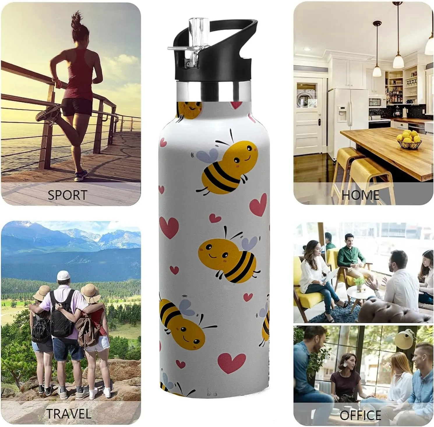 Bee Water Bottle Adult Kids With Straw Lid Insulated Stainless Steel Travel Mugs for Sport Gym Outdoor 20oz