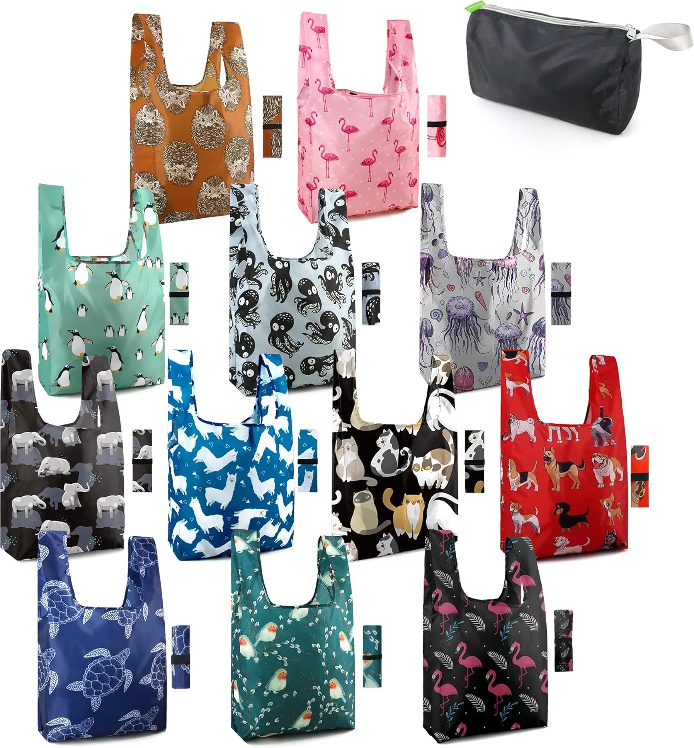 BeeGreen Animal Lover Gifts for Women Reusable Grocery Bags Foldable Shopping Totes 12 Pack Cute Holiday Bags with Handles Large Cloth Gift Bags Cute Groceries Bags Bulk Heavy Duty