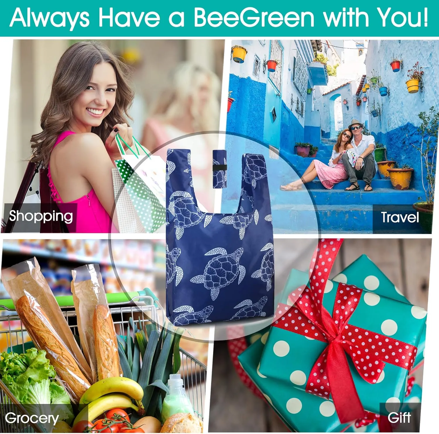 BeeGreen Animal Lover Gifts for Women Reusable Grocery Bags Foldable Shopping Totes 12 Pack Cute Holiday Bags with Handles Large Cloth Gift Bags Cute Groceries Bags Bulk Heavy Duty