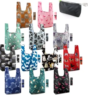 BeeGreen Animal Lover Gifts for Women Reusable Grocery Bags Foldable Shopping Totes 12 Pack Cute Holiday Bags with Handles Large Cloth Gift Bags Cute Groceries Bags Bulk Heavy Duty
