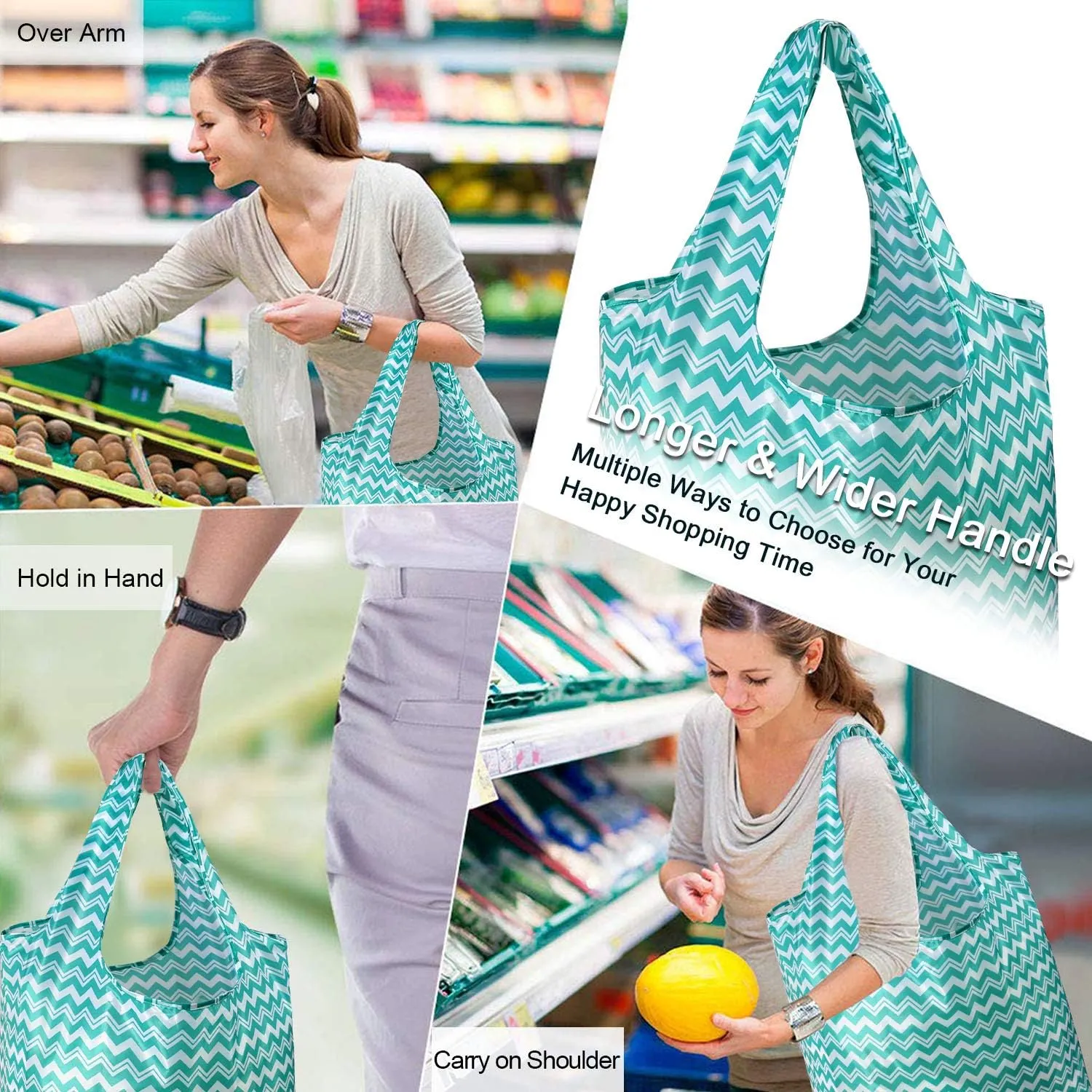 BeeGreen Reusable Grocery Bags Lightweight Durable Shopping Bags Washable Foldable 12 Pack Xlarge Classic Geometric Design Gift Tote Grocery Bags with Elastic Band and Separated Zipper Storage Pouch