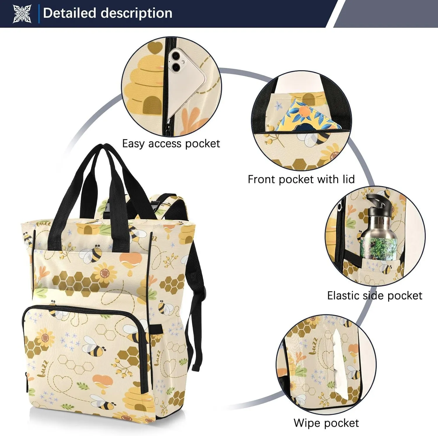 Bees Diaper Bag Backpack for Baby Boys Girls Baby Essentials Travel Tote with Stroller Straps & Bottle Storage Maternity Baby Changing Bags for Shopping Hiking Traveling Baby Shower Gifts Moms Dads