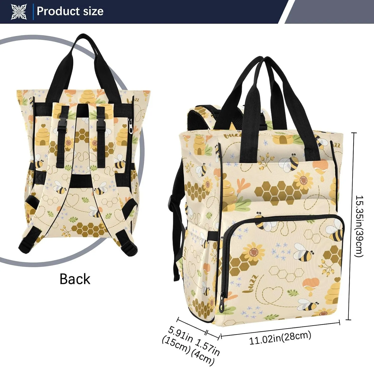 Bees Diaper Bag Backpack for Baby Boys Girls Baby Essentials Travel Tote with Stroller Straps & Bottle Storage Maternity Baby Changing Bags for Shopping Hiking Traveling Baby Shower Gifts Moms Dads