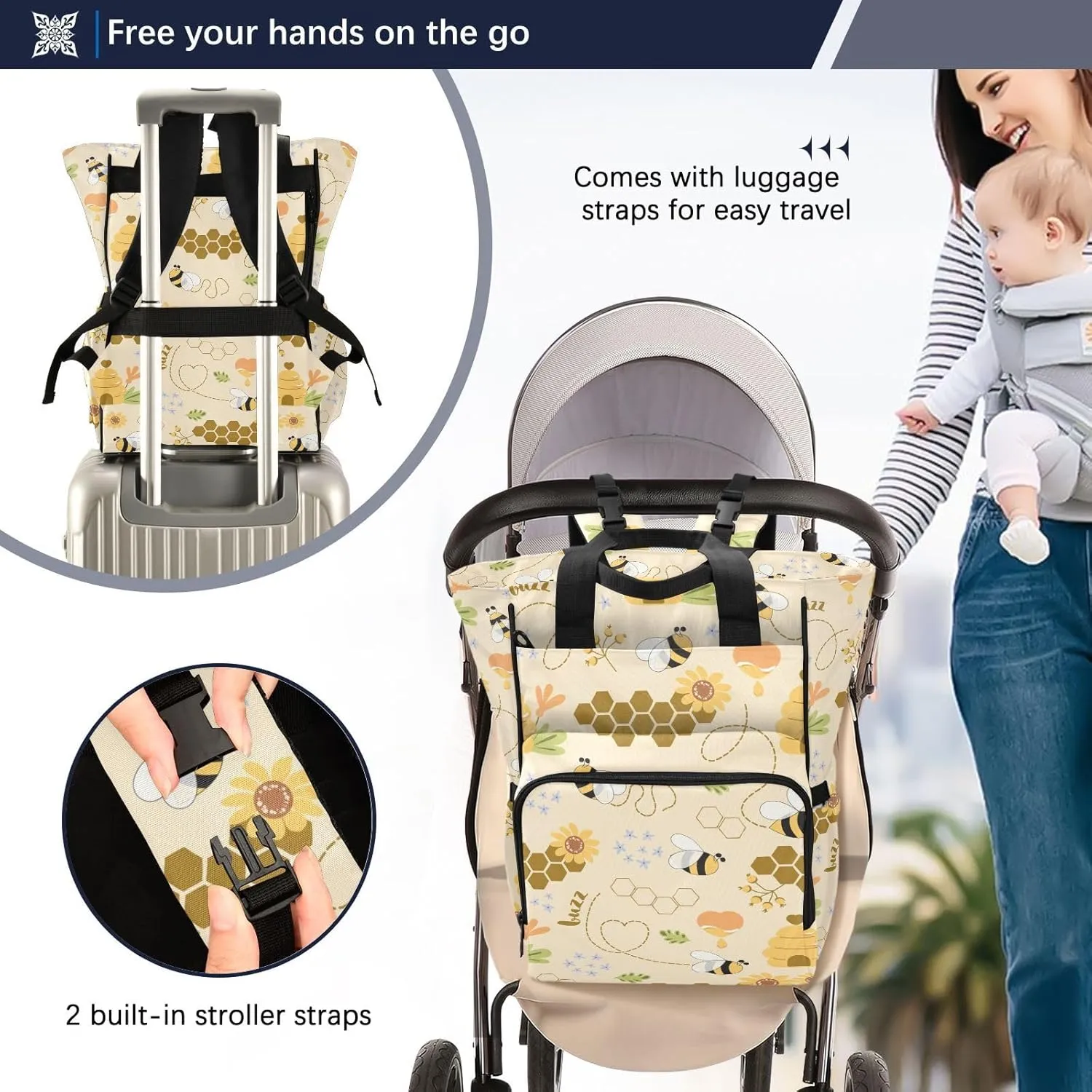 Bees Diaper Bag Backpack for Baby Boys Girls Baby Essentials Travel Tote with Stroller Straps & Bottle Storage Maternity Baby Changing Bags for Shopping Hiking Traveling Baby Shower Gifts Moms Dads