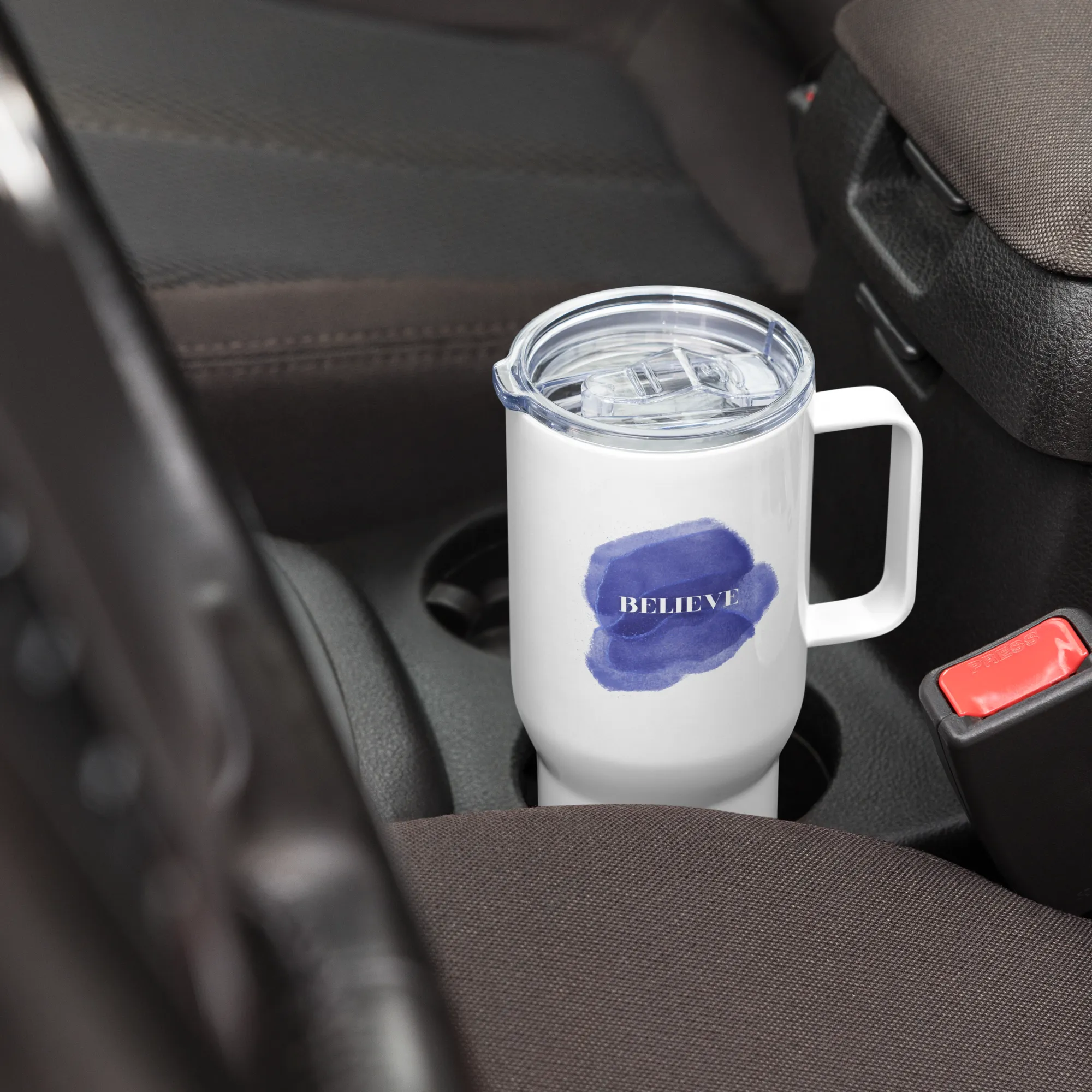 BELIEVE Travel mug with a handle