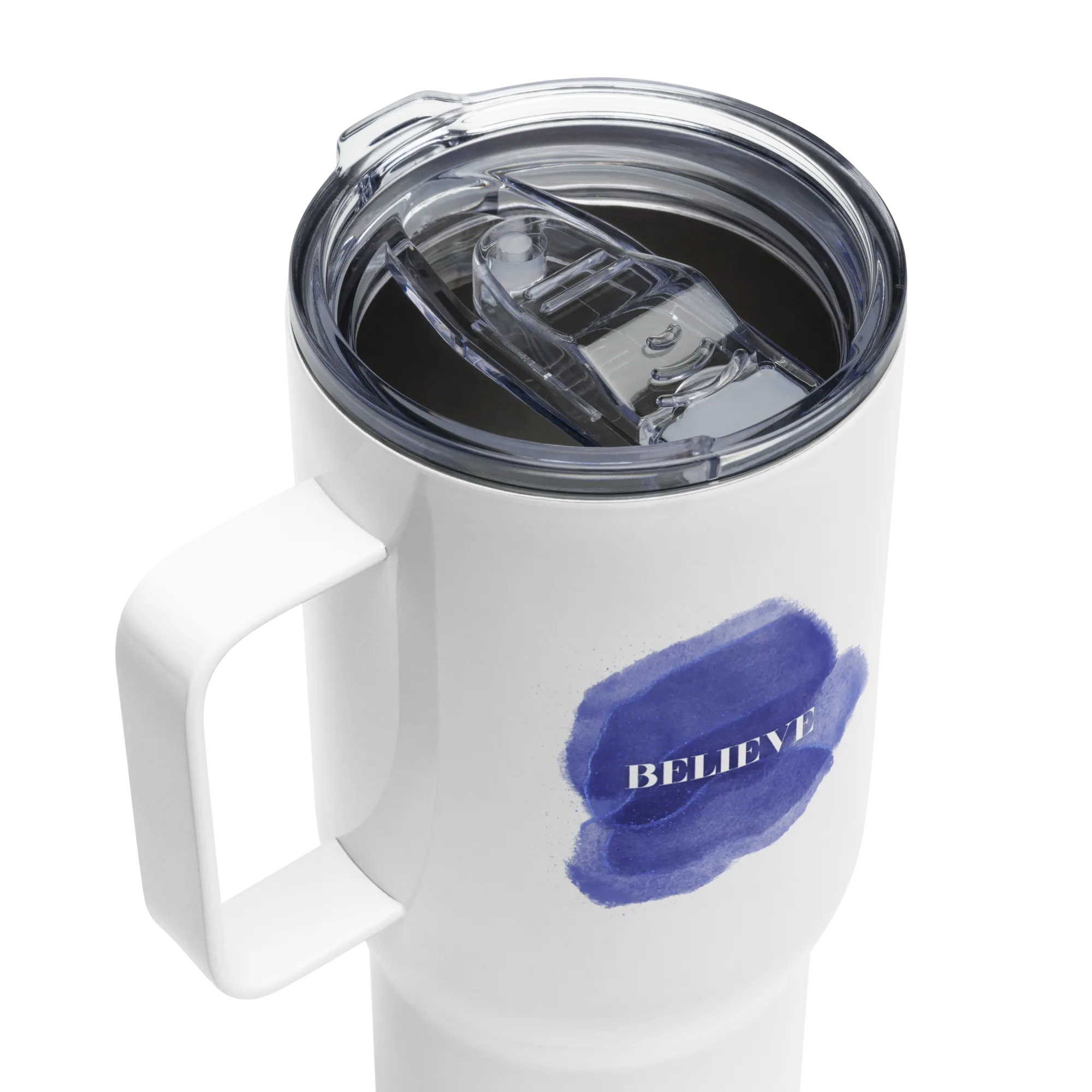 BELIEVE Travel mug with a handle