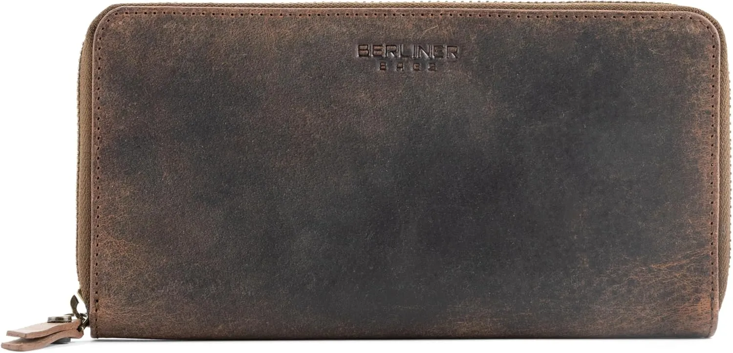 BERLINER BAGS Vintage Genuine Leather Wallet Margo, RFID Blocking Credit Card Holder, Slim Womens Wallet, Zip Around Wallet for 13 Cards and ID window, Bills, Coins - Brown
