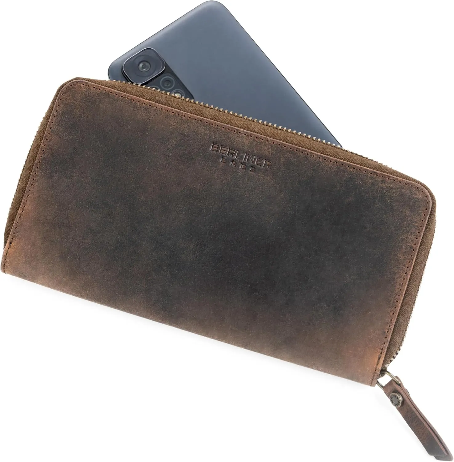 BERLINER BAGS Vintage Genuine Leather Wallet Margo, RFID Blocking Credit Card Holder, Slim Womens Wallet, Zip Around Wallet for 13 Cards and ID window, Bills, Coins - Brown