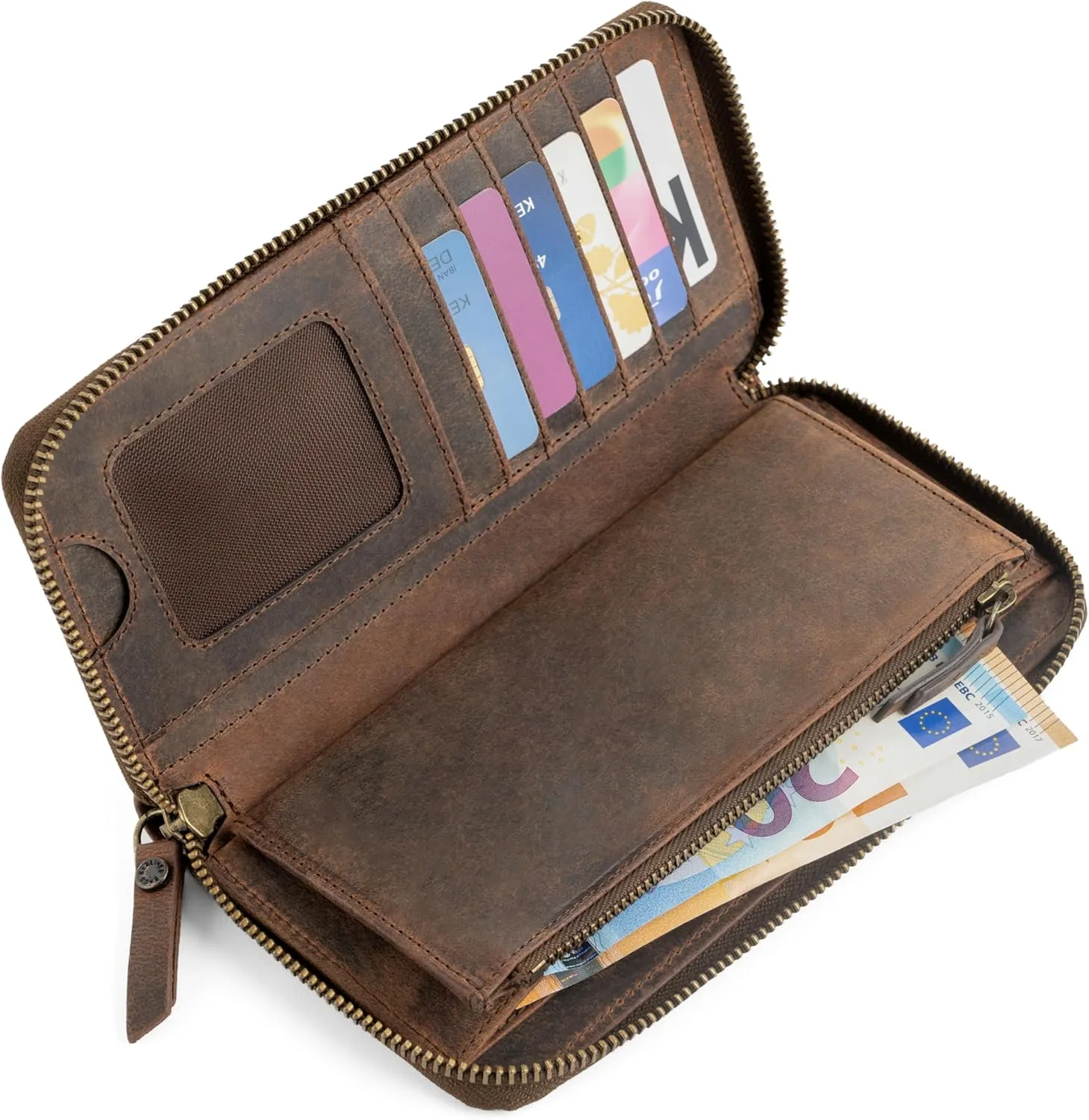BERLINER BAGS Vintage Genuine Leather Wallet Margo, RFID Blocking Credit Card Holder, Slim Womens Wallet, Zip Around Wallet for 13 Cards and ID window, Bills, Coins - Brown