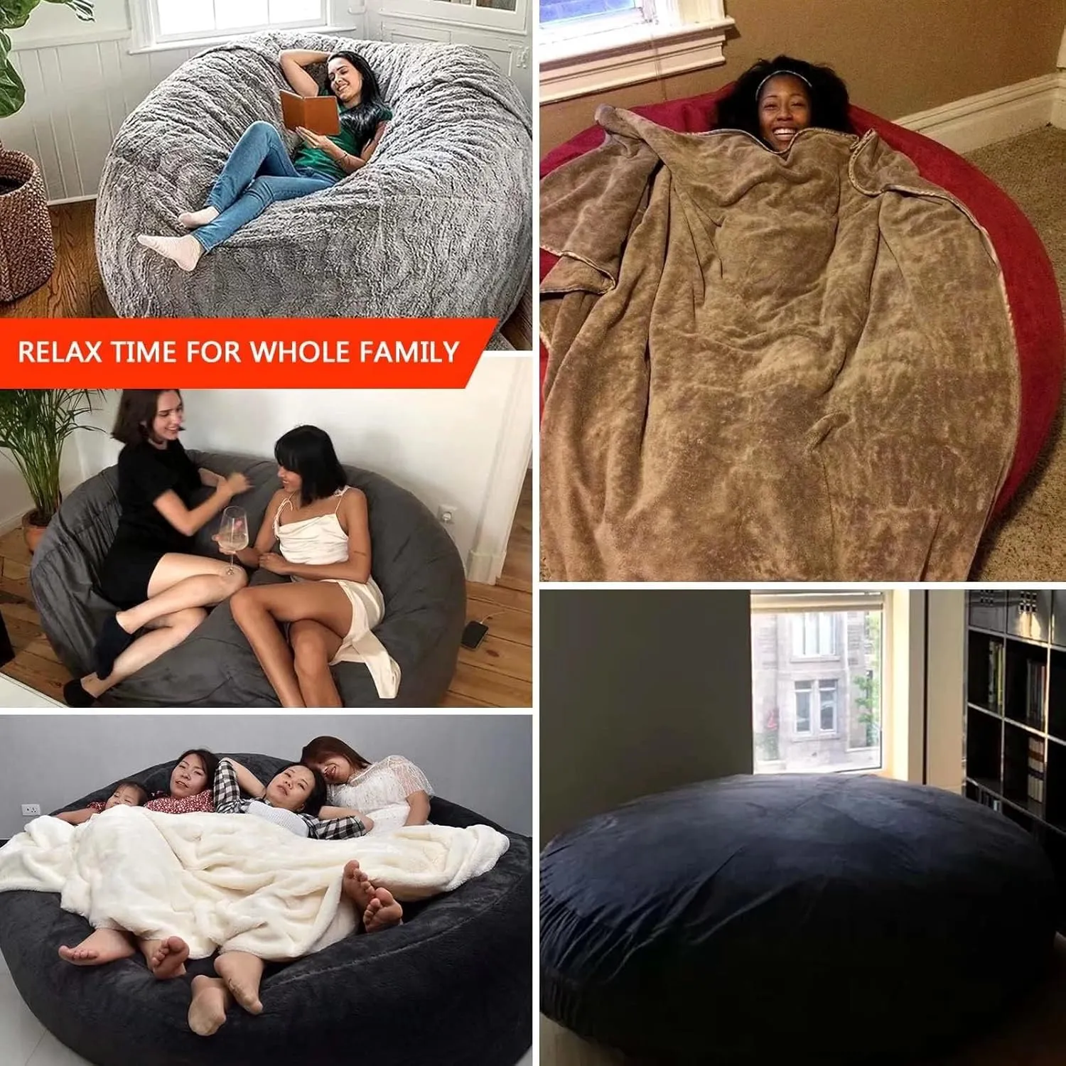 Big Huge Giant Bean Bag Chair for Adults, (No Filler) Bean Bag Chairs in Multiple Sizes and Colors Giant Foam-Filling Required- Machine Washable Covers, Double Stitched Seams (Dark Gray,5FT)