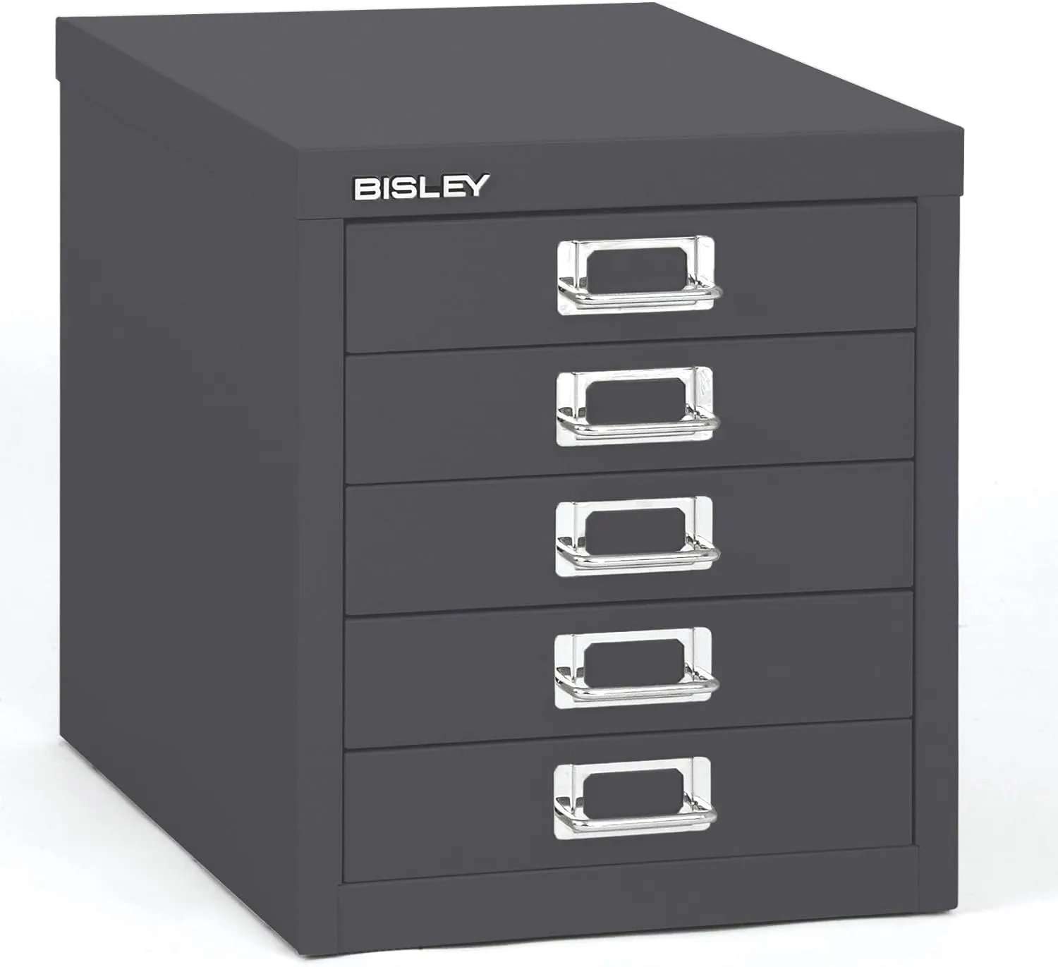 Bisley 5-Drawer Steel MultiDrawer Cabinet - Anthracite Grey, Chrome Pull Handles with Label Holders, Powder-Coated Steel, Removable Drawers, Desktop Storage, Labels Included