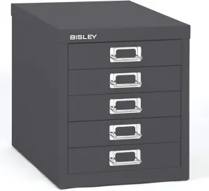Bisley 5-Drawer Steel MultiDrawer Cabinet - Anthracite Grey, Chrome Pull Handles with Label Holders, Powder-Coated Steel, Removable Drawers, Desktop Storage, Labels Included