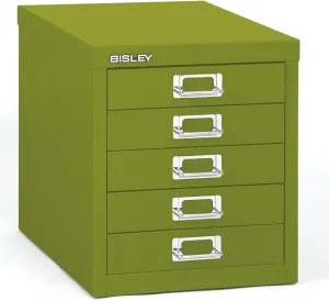 Bisley 5-Drawer Steel MultiDrawer Cabinet Green, Chrome Pull Handles with Label Holders, Powder-Coated Steel, Removable Drawers, Desktop Storage, Labels Included