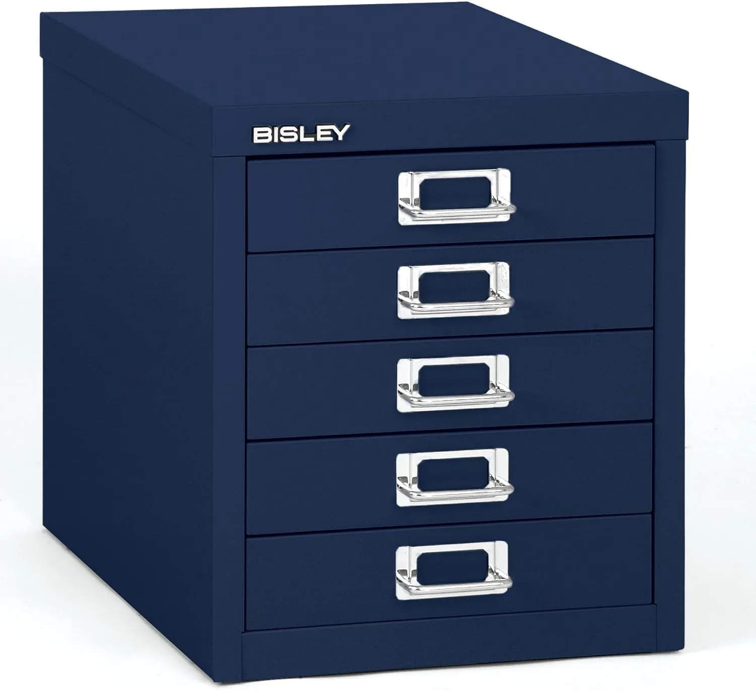 Bisley 5-Drawer Steel MultiDrawer Cabinet - Oxford Blue, Chrome Pull Handles with Label Holders, Powder-Coated Steel, Removable Drawers, Desktop Storage, Labels Included