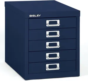 Bisley 5-Drawer Steel MultiDrawer Cabinet - Oxford Blue, Chrome Pull Handles with Label Holders, Powder-Coated Steel, Removable Drawers, Desktop Storage, Labels Included