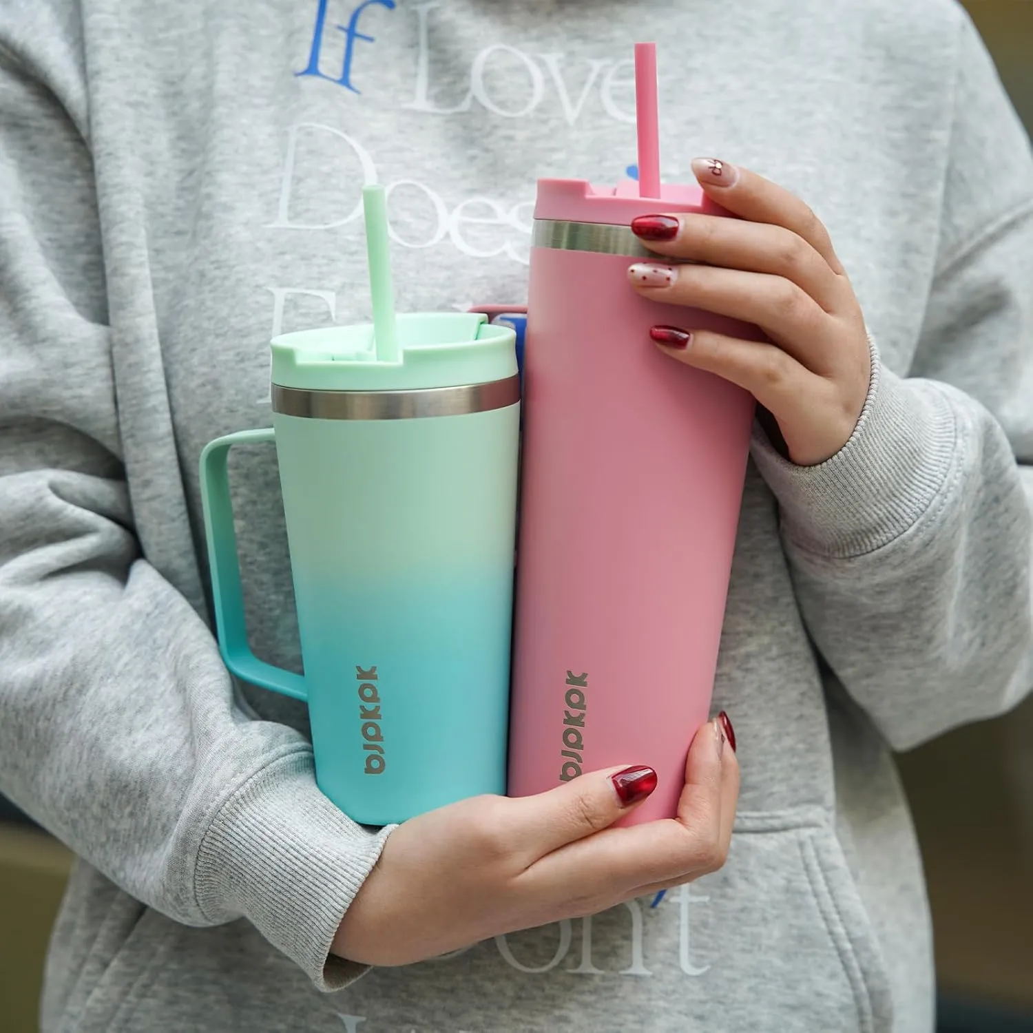 BJPKPK Insulated Tumbler with Handle, 26oz Insulated Tumblers with Lid and Straw, Stainless Steel Metal Water Bottles, Coffee Travel Mugs, Cups, Light Pink