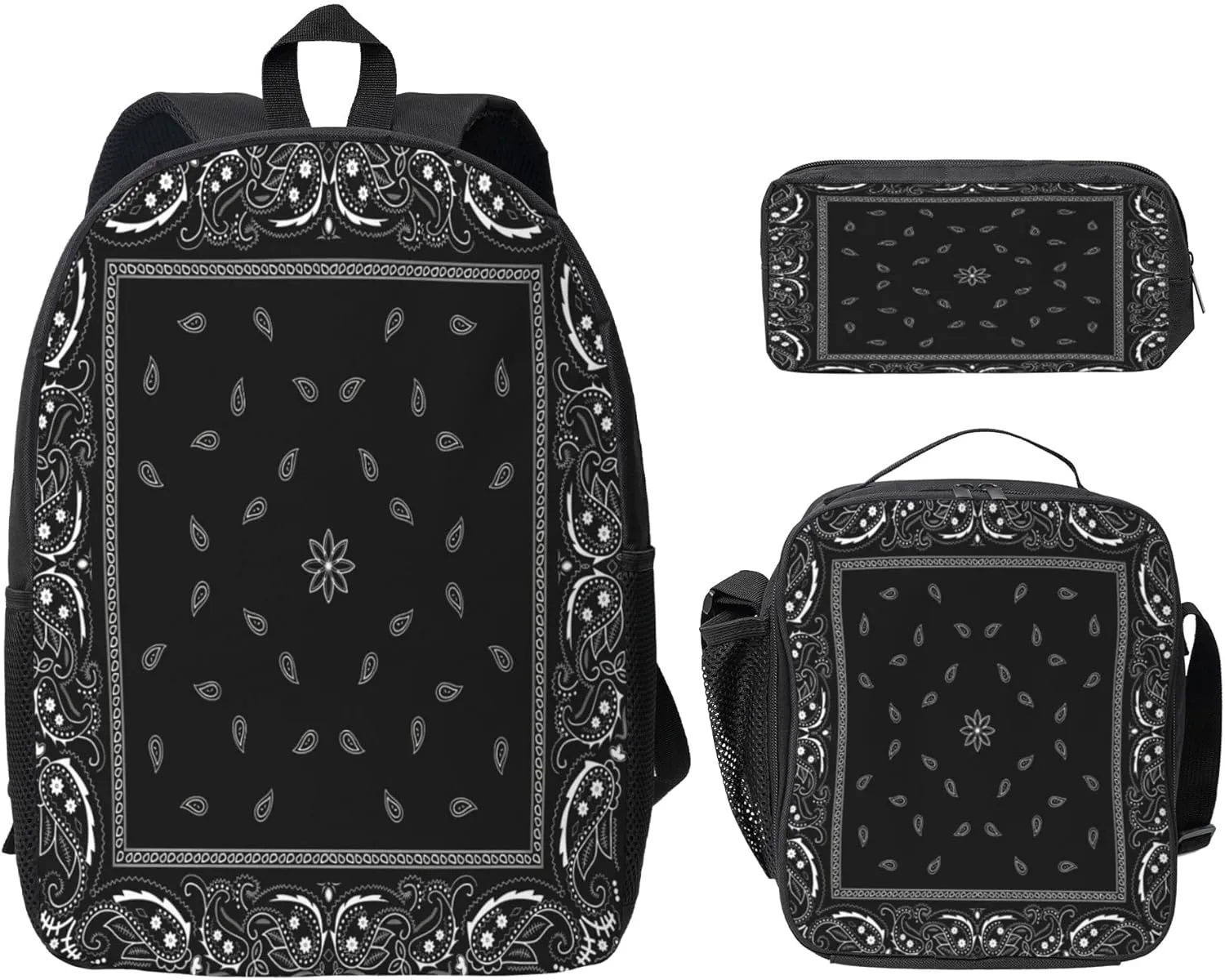 Black Paisley Bandana 3PCS Backpack, Cute Shoulder Backpacks Lightweight Durable Laptop Bag, 17 Inch Backpack