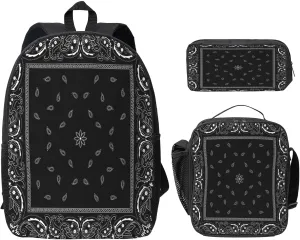Black Paisley Bandana 3PCS Backpack, Cute Shoulder Backpacks Lightweight Durable Laptop Bag, 17 Inch Backpack