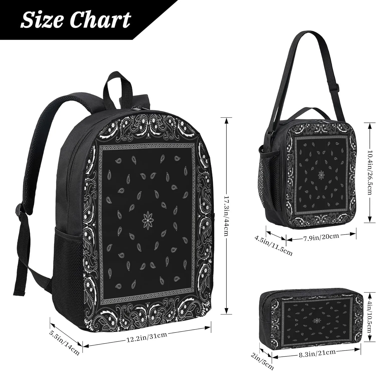 Black Paisley Bandana 3PCS Backpack, Cute Shoulder Backpacks Lightweight Durable Laptop Bag, 17 Inch Backpack