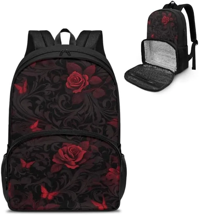 Black Red Damask Floral Large Lunch Backpack Insulated Cooler Lunch Bag Darkness Red Rose Flower 17 inch Laptop Backpacks Gothic Style Travel Laptop Work Backpack