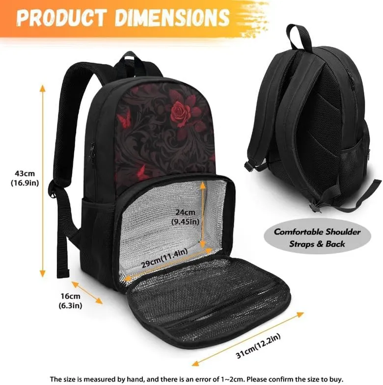 Black Red Damask Floral Large Lunch Backpack Insulated Cooler Lunch Bag Darkness Red Rose Flower 17 inch Laptop Backpacks Gothic Style Travel Laptop Work Backpack