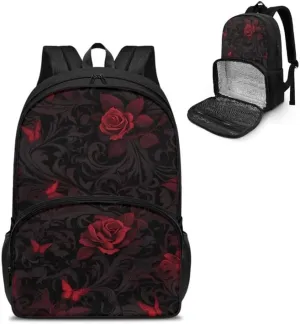 Black Red Damask Floral Large Lunch Backpack Insulated Cooler Lunch Bag Darkness Red Rose Flower 17 inch Laptop Backpacks Gothic Style Travel Laptop Work Backpack