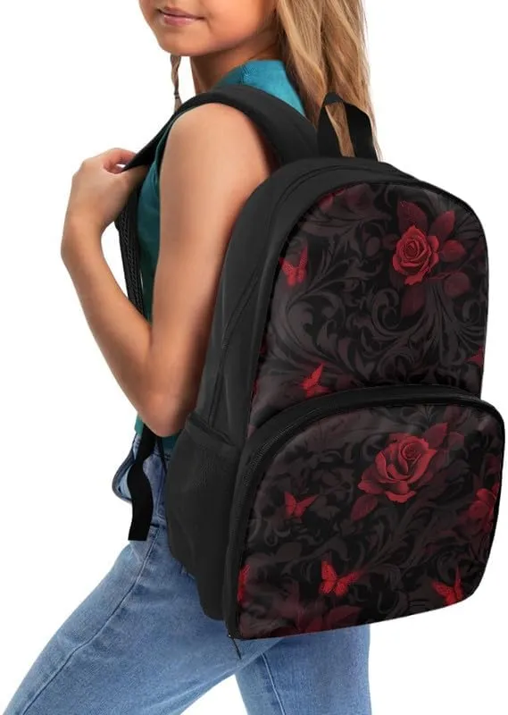 Black Red Damask Floral Large Lunch Backpack Insulated Cooler Lunch Bag Darkness Red Rose Flower 17 inch Laptop Backpacks Gothic Style Travel Laptop Work Backpack