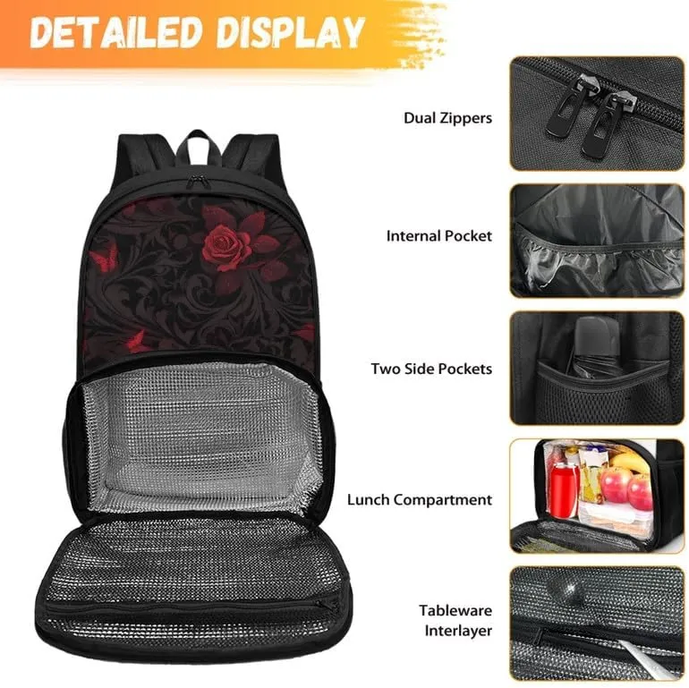 Black Red Damask Floral Large Lunch Backpack Insulated Cooler Lunch Bag Darkness Red Rose Flower 17 inch Laptop Backpacks Gothic Style Travel Laptop Work Backpack